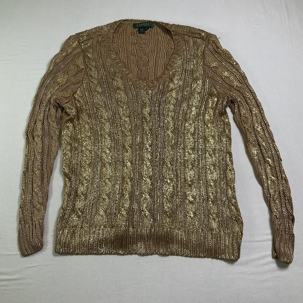 Lauren Ralph Lauren Sweater Women's XL Gold Metallic Cable Knit V-Neck Party 621